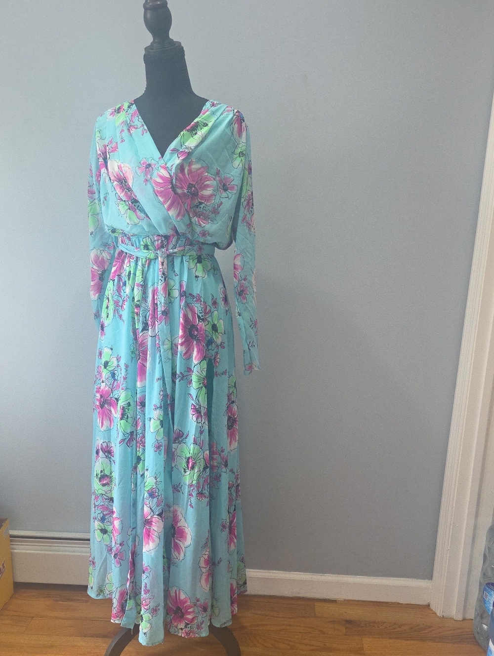 Floral Surplice Maxi Dress in Aqua and Pink